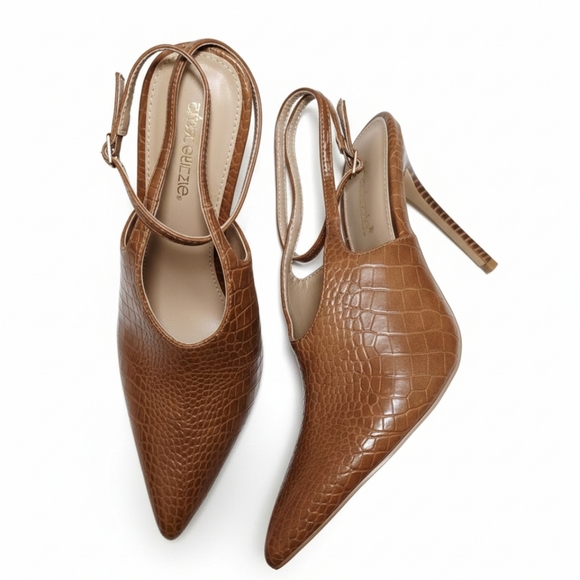 Shoe Dazzle Shoes - NIB Shoedazzle Brown Croc-Embossed Pointed Toe Slingback Heels - Size 8